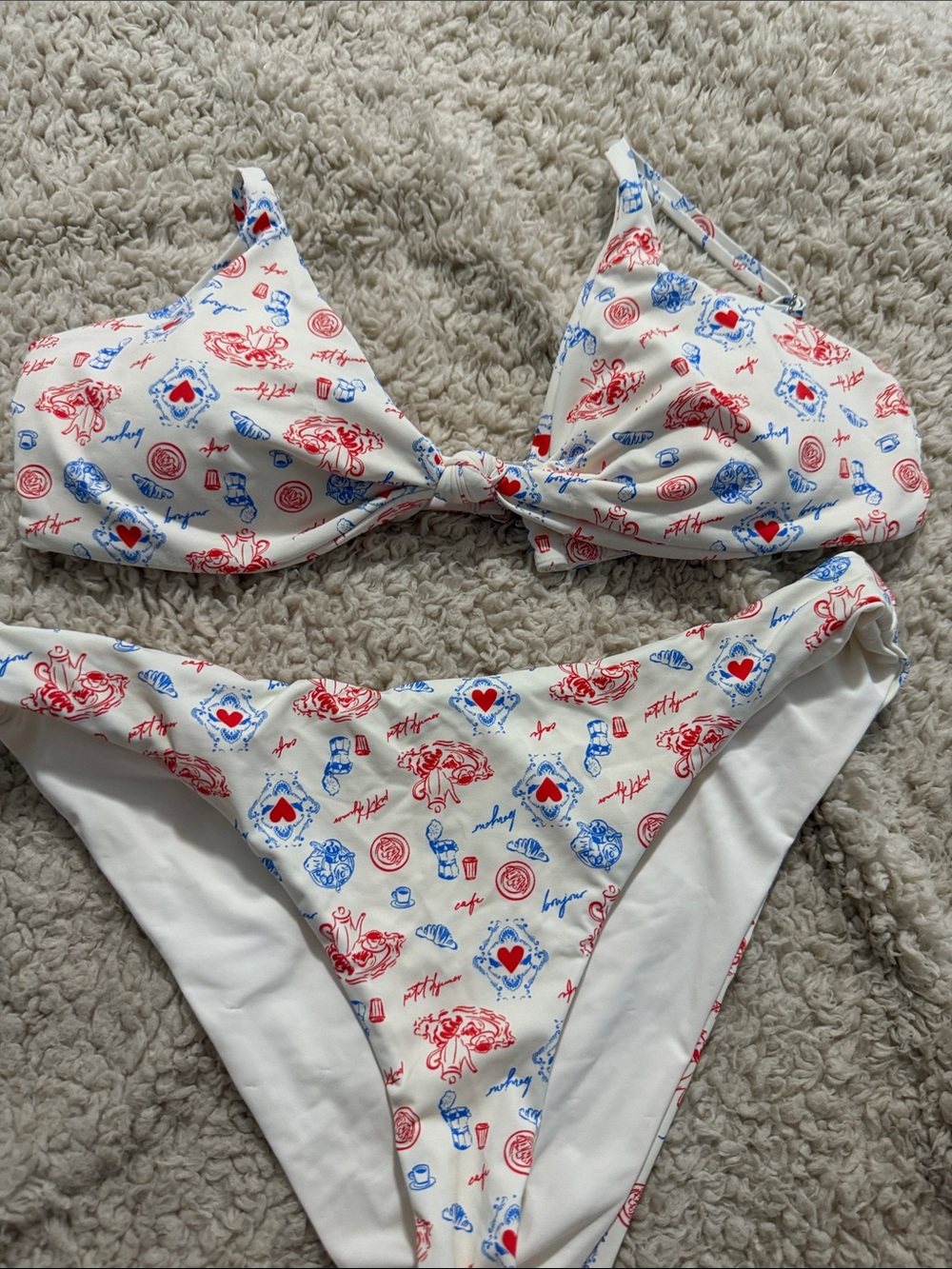 White Printed Two-Piece Bikini Set with Red & Blue Motifs